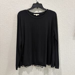 Johnny Was Calmé Top Large Black Bamboo Organic Cotton Pom Pom Trim USA Boho